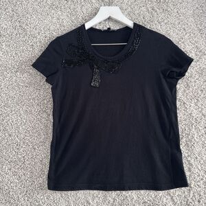 Animale Women's M Black Beaded Bow Short Sleeve Tee‎